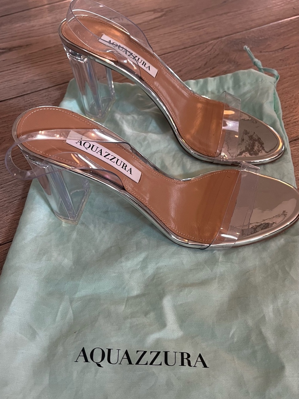 Aquazzura Tan Leather and Clear Lucite Block Heel Sandals